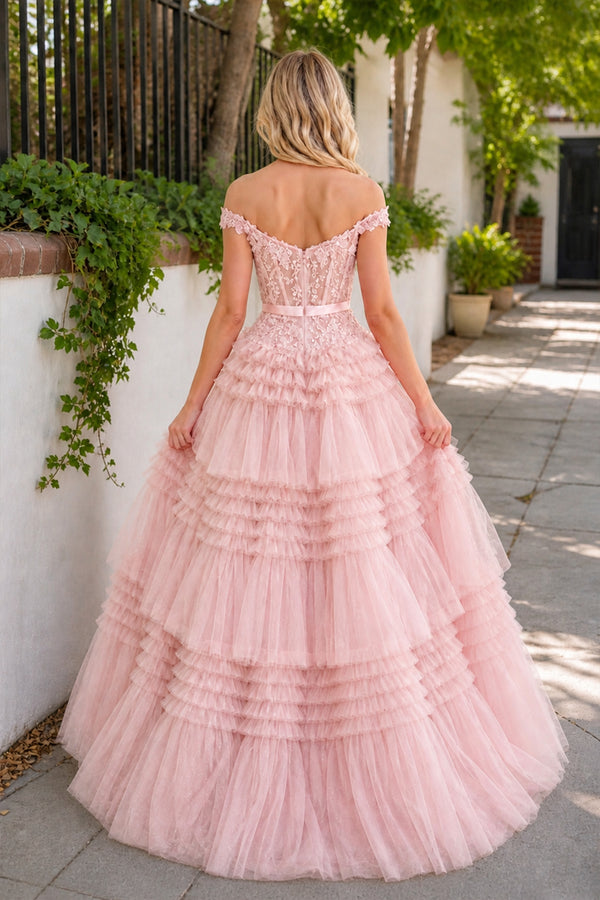Princess A Line Off the Shoulder Light Pink Long Prom Dress with Ruffles