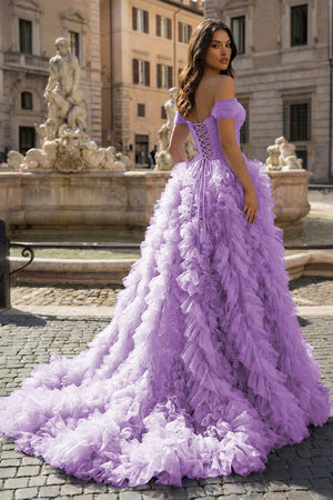 A Line Off the Shoulder Ruffled Tulle Prom Dress with Slit – Prom Dress by KissProm | Available at KissProm