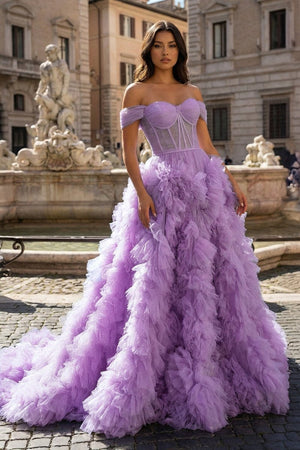A Line Off the Shoulder Ruffled Tulle Prom Dress with Slit – Prom Dress by KissProm | Available at KissProm