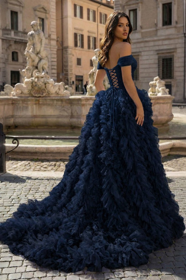 A Line Off the Shoulder Ruffled Tulle Prom Dress with Slit – Prom Dress by KissProm | Available at KissProm