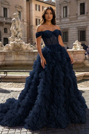 A Line Off the Shoulder Ruffled Tulle Prom Dress with Slit – Prom Dress by KissProm | Available at KissProm