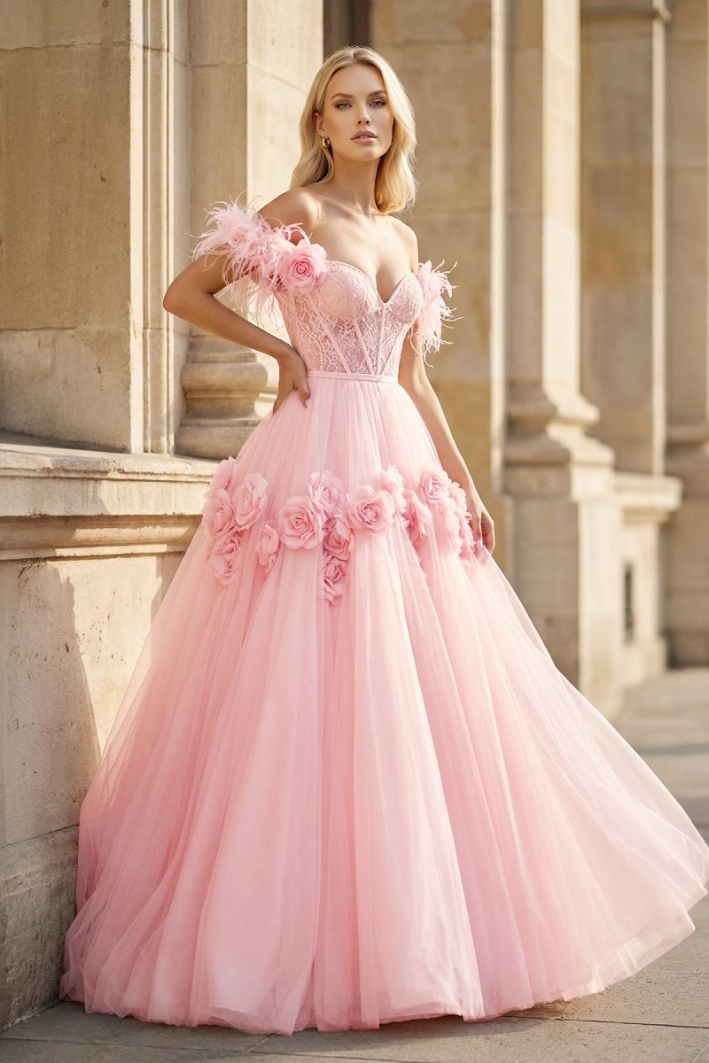 PRINCESS A - LINE OFF THE SHOULDER LACE TULLE PROM DRESS - KissProm