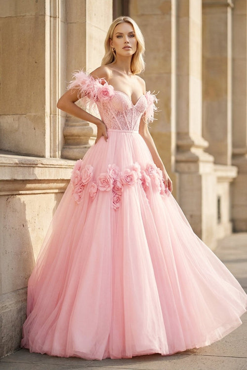 PRINCESS A - LINE OFF THE SHOULDER LACE TULLE PROM DRESS - KissProm