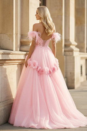 PRINCESS A - LINE OFF THE SHOULDER LACE TULLE PROM DRESS - KissProm