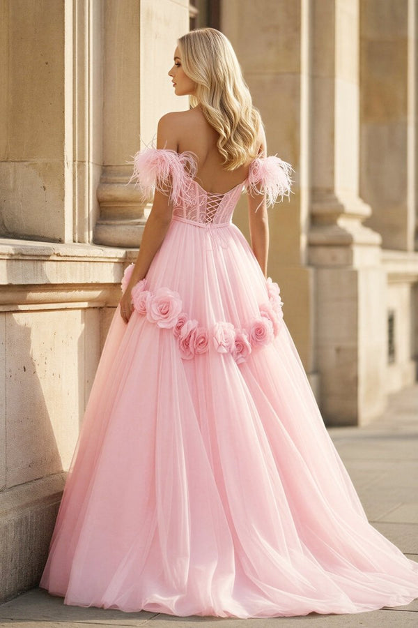 PRINCESS A - LINE OFF THE SHOULDER LACE TULLE PROM DRESS - KissProm