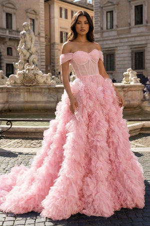 A Line Off the Shoulder Ruffled Tulle Prom Dress with Slit – Prom Dress by KissProm | Available at KissProm