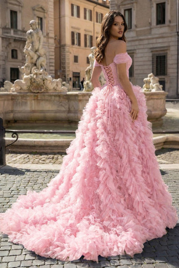 A Line Off the Shoulder Ruffled Tulle Prom Dress with Slit – Prom Dress by KissProm | Available at KissProm