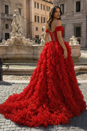 A Line Off the Shoulder Ruffled Tulle Prom Dress with Slit – Prom Dress by KissProm | Available at KissProm