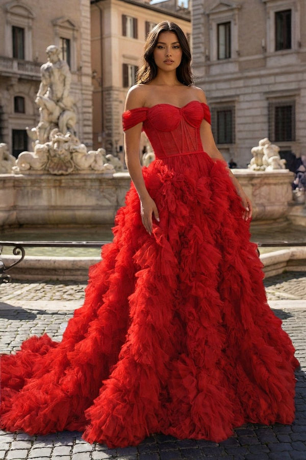 A Line Off the Shoulder Ruffled Tulle Prom Dress with Slit – Prom Dress by KissProm | Available at KissProm