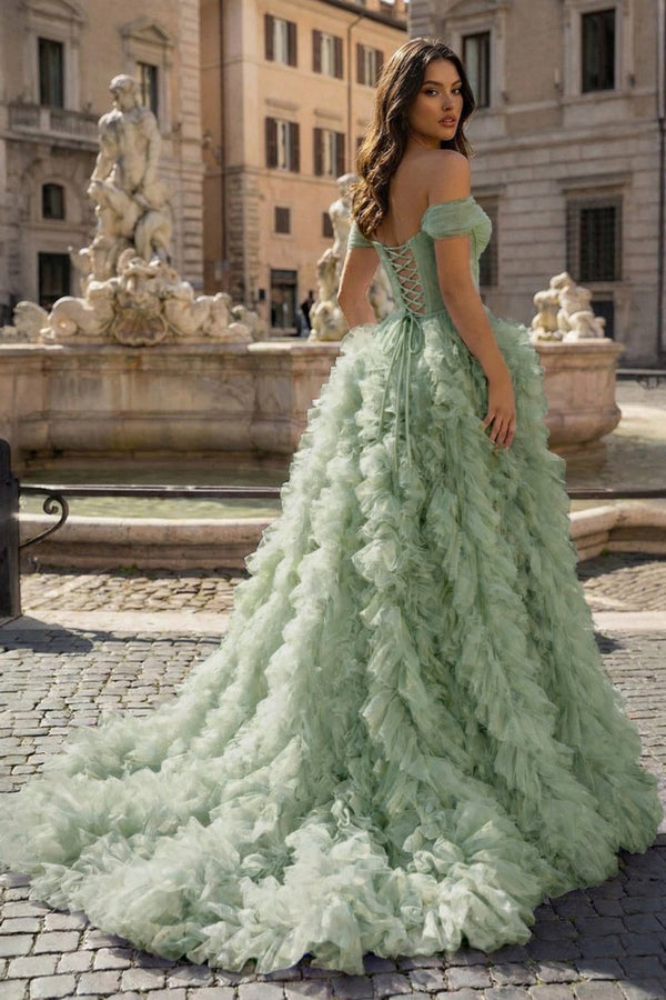 A Line Off the Shoulder Ruffled Tulle Prom Dress with Slit – Prom Dress by KissProm | Available at KissProm