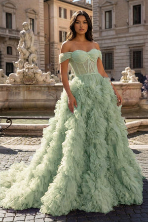 A Line Off the Shoulder Ruffled Tulle Prom Dress with Slit – Prom Dress by KissProm | Available at KissProm