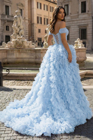 A Line Off the Shoulder Ruffled Tulle Prom Dress with Slit – Prom Dress by KissProm | Available at KissProm