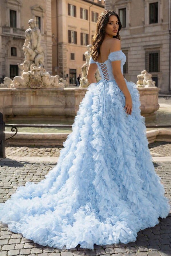A Line Off the Shoulder Ruffled Tulle Prom Dress with Slit – Prom Dress by KissProm | Available at KissProm