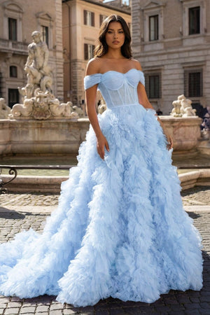 A Line Off the Shoulder Ruffled Tulle Prom Dress with Slit – Prom Dress by KissProm | Available at KissProm