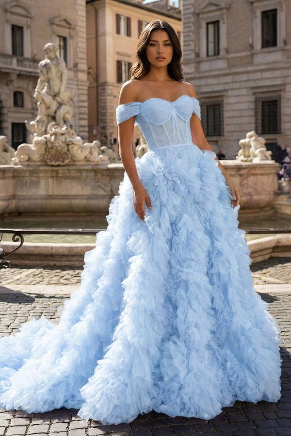 A Line Off the Shoulder Ruffled Tulle Prom Dress with Slit – Prom Dress by KissProm | Available at KissProm