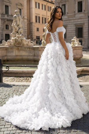 A Line Off the Shoulder Ruffled Tulle Prom Dress with Slit – Prom Dress by KissProm | Available at KissProm