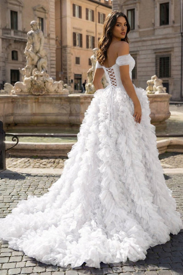 A Line Off the Shoulder Ruffled Tulle Prom Dress with Slit – Prom Dress by KissProm | Available at KissProm