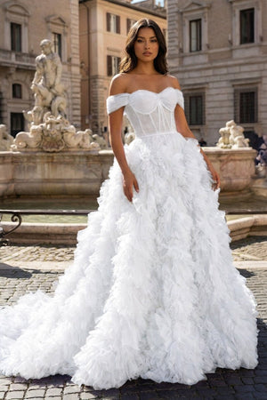 A Line Off the Shoulder Ruffled Tulle Prom Dress with Slit – Prom Dress by KissProm | Available at KissProm