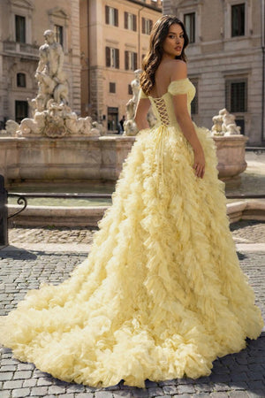 A Line Off the Shoulder Ruffled Tulle Prom Dress with Slit – Prom Dress by KissProm | Available at KissProm