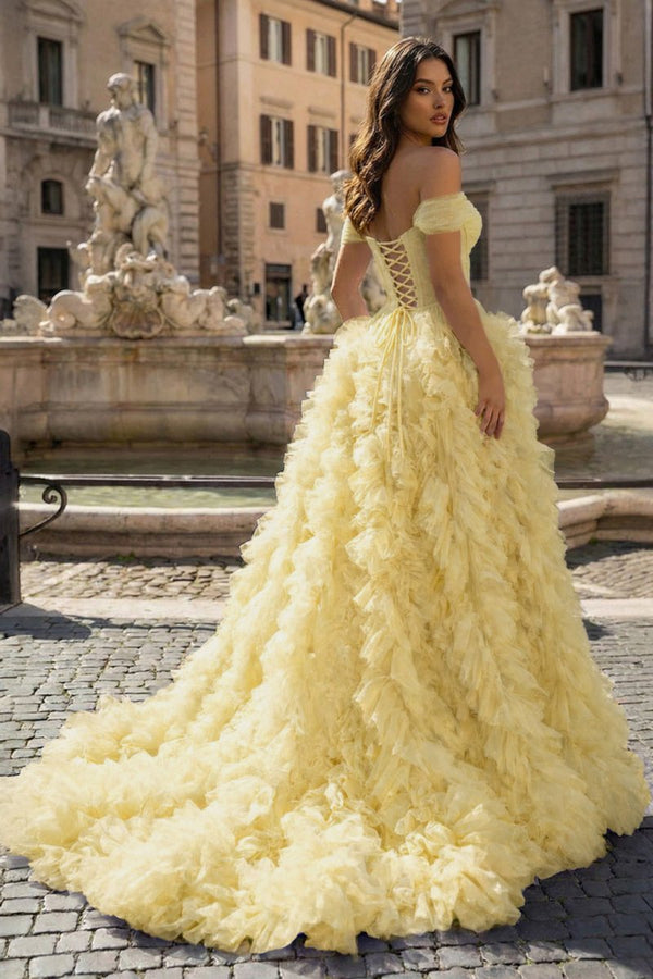 A Line Off the Shoulder Ruffled Tulle Prom Dress with Slit – Prom Dress by KissProm | Available at KissProm