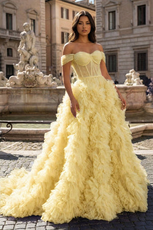 A Line Off the Shoulder Ruffled Tulle Prom Dress with Slit – Prom Dress by KissProm | Available at KissProm