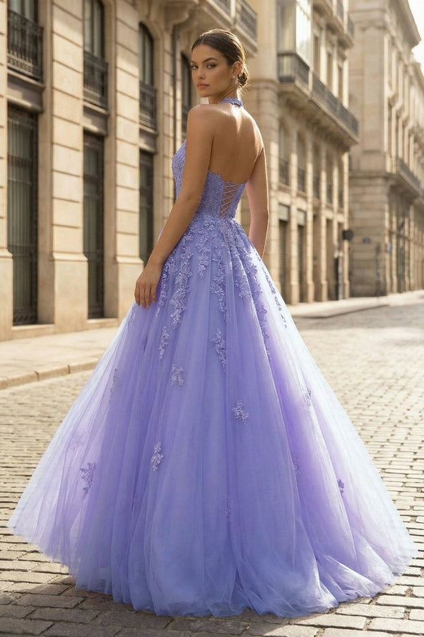 Princess Halter Long/Floor - Length Lace Tulle Prom Dress With Appliqued Beading - KissProm