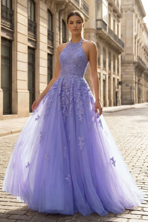 Princess Halter Long/Floor - Length Lace Tulle Prom Dress With Appliqued Beading - KissProm