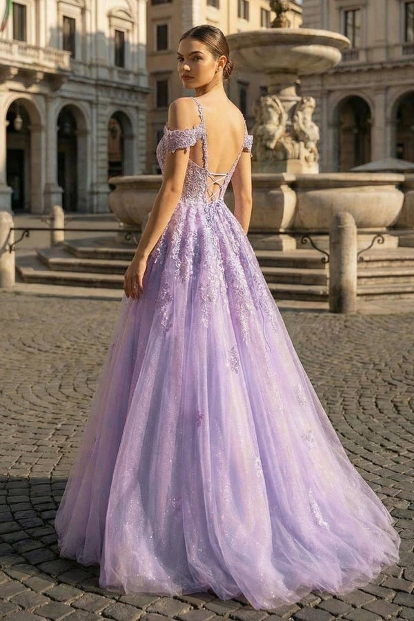 Princess Spaghetti Straps Floor - Length Tulle Prom Dress With Beading Appliqued - KissProm