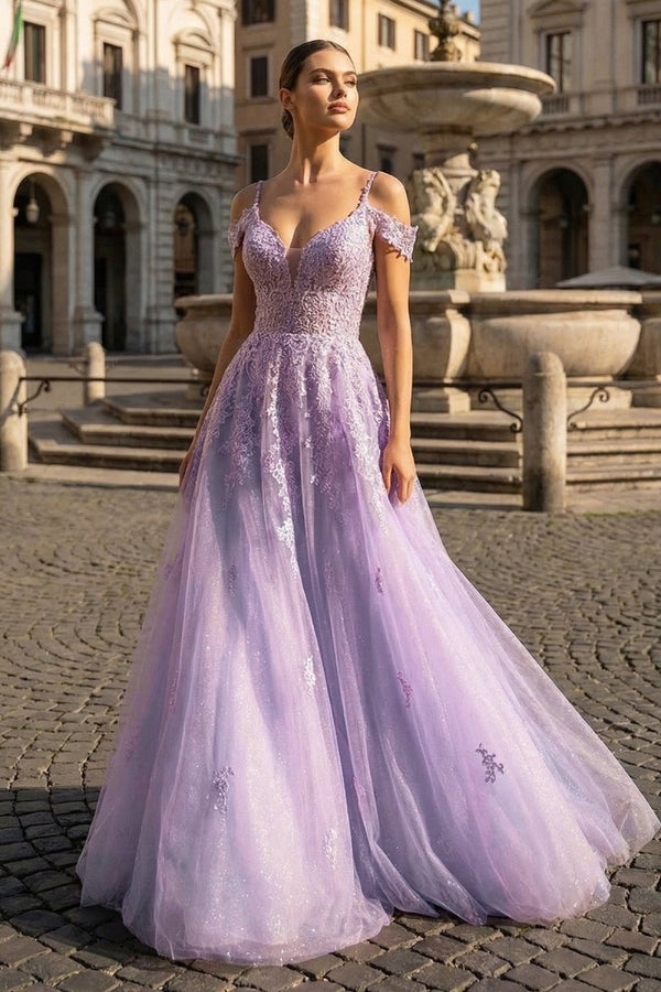 Princess Spaghetti Straps Floor - Length Tulle Prom Dress With Beading Appliqued - KissProm