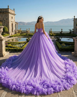 Purple A - line V Neck Tulle Ball Gown Purple Princess Dress - KissProm