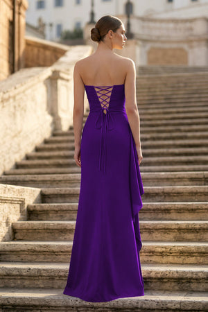 Purple - Mermaid Strapless Satin Pleated Long Prom Dress with Slit