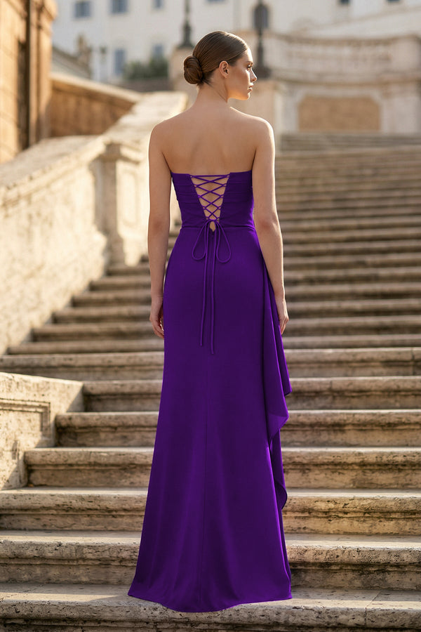 Purple - Mermaid Strapless Satin Pleated Long Prom Dress with Slit