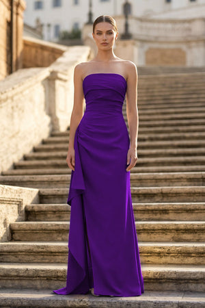 Purple - Mermaid Strapless Satin Pleated Long Prom Dress with Slit