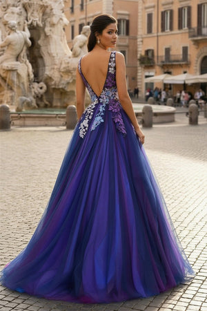 Purple Tulle Appliques V - Neck Open Back Long Prom Dress - KissProm