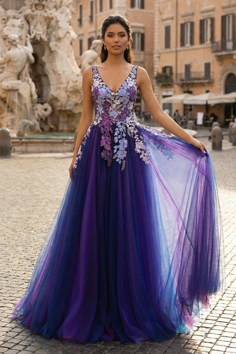 Purple Tulle Appliques V - Neck Open Back Long Prom Dress - KissProm