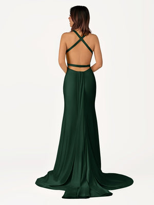 Quaylee | Yellow Mermaid V-Neck Satin Prom Dresses With Tail Evening Dress