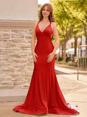 Quaylee | Yellow Mermaid V-Neck Satin Prom Dresses With Tail Evening Dress