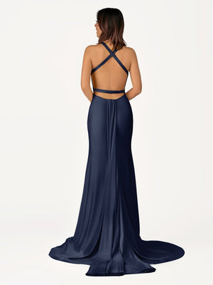 Quaylee | Yellow Mermaid V-Neck Satin Prom Dresses With Tail Evening Dress
