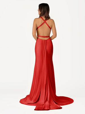 Quaylee | Yellow Mermaid V-Neck Satin Prom Dresses With Tail Evening Dress