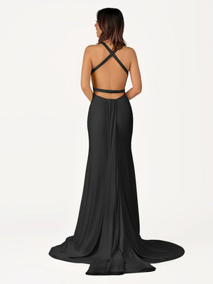 Quaylee | Yellow Mermaid V-Neck Satin Prom Dresses With Tail Evening Dress