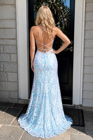 Mermaid Spaghetti Straps Blue Sequins Lace Long Prom Dresses with Slit