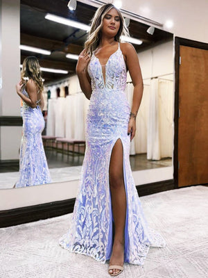 Mermaid Spaghetti Straps Blue Sequins Lace Long Prom Dresses with Slit – Prom Dresses by KissProm | Available at KissProm