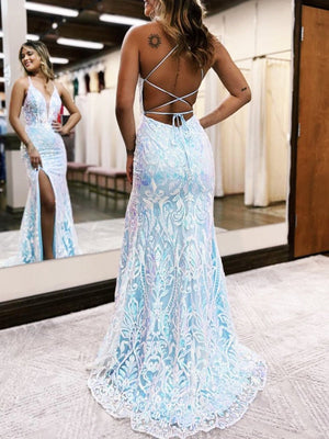 Mermaid Spaghetti Straps Blue Sequins Lace Long Prom Dresses with Slit – Prom Dresses by KissProm | Available at KissProm
