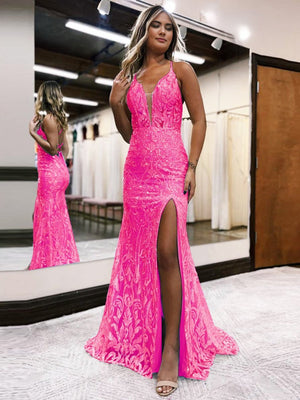 Mermaid Spaghetti Straps Blue Sequins Lace Long Prom Dresses with Slit – Prom Dresses by KissProm | Available at KissProm