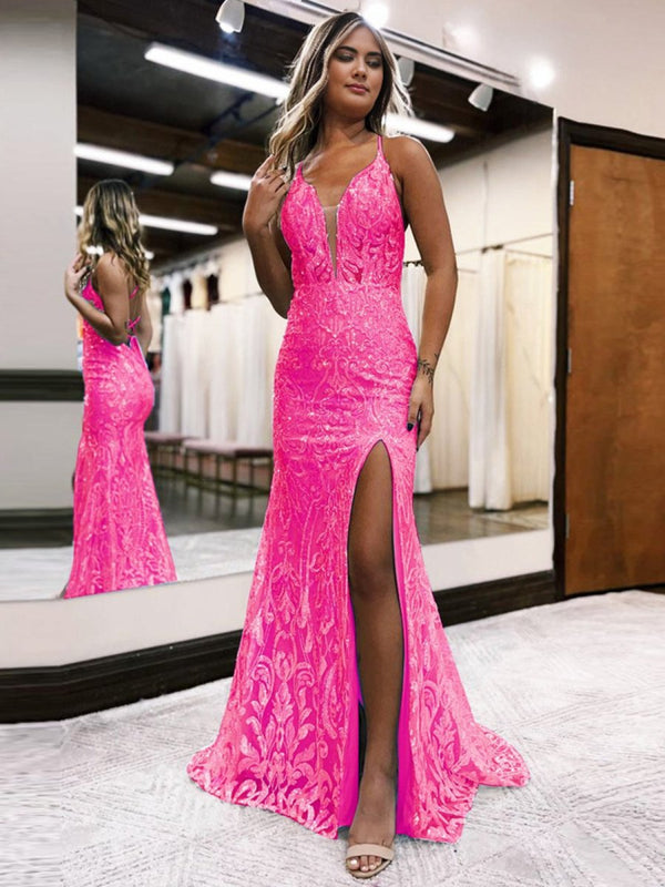 Mermaid Spaghetti Straps Blue Sequins Lace Long Prom Dresses with Slit – Prom Dresses by KissProm | Available at KissProm