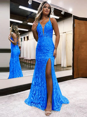 Mermaid Spaghetti Straps Blue Sequins Lace Long Prom Dresses with Slit – Prom Dresses by KissProm | Available at KissProm