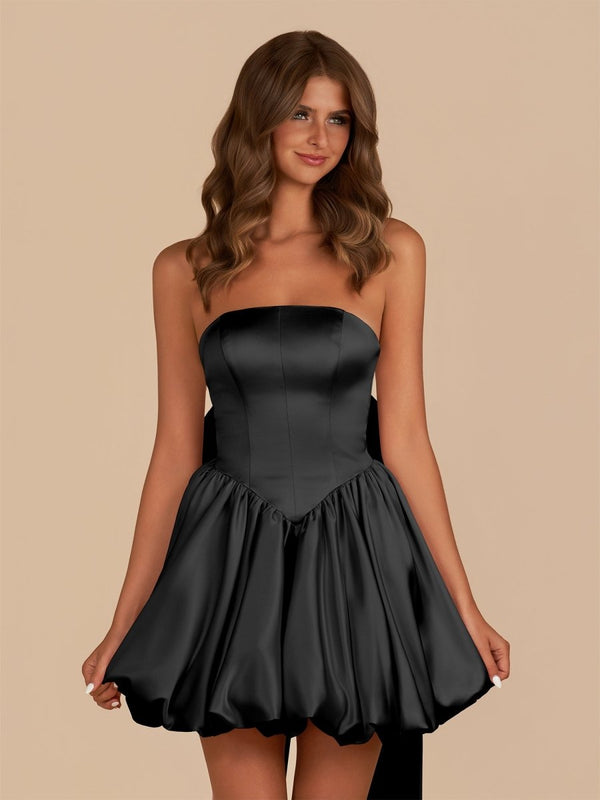 Black - Strapless A Line Satin Short Homecoming Dress With Bow – Homecoming Dress by KissProm | Available at KissProm