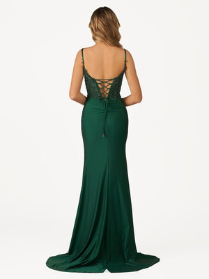 Green V Neck Beading Satin Long Slit Prom Dresses – Prom Dresses by KissProm | Available at KissProm