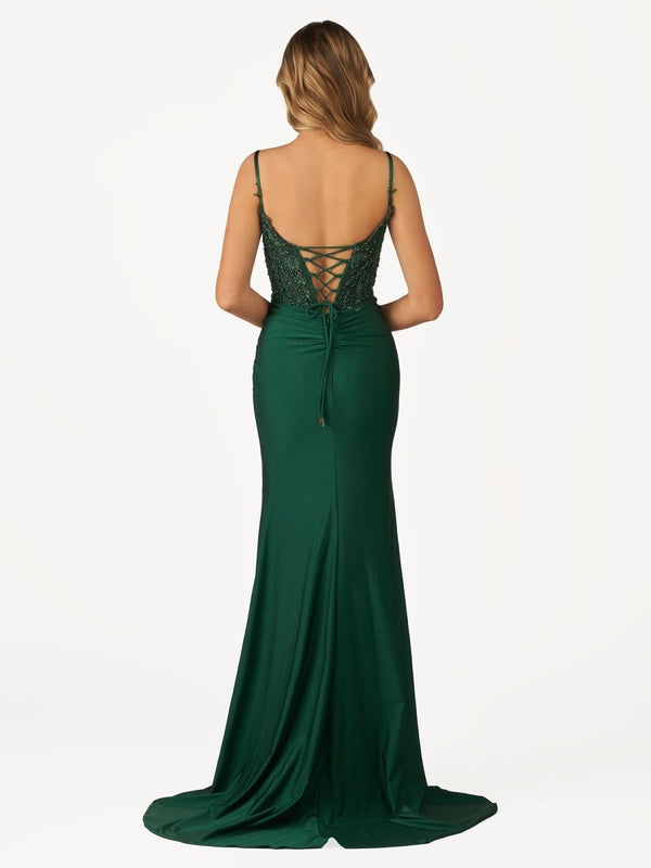 Green V Neck Beading Satin Long Slit Prom Dresses – Prom Dresses by KissProm | Available at KissProm