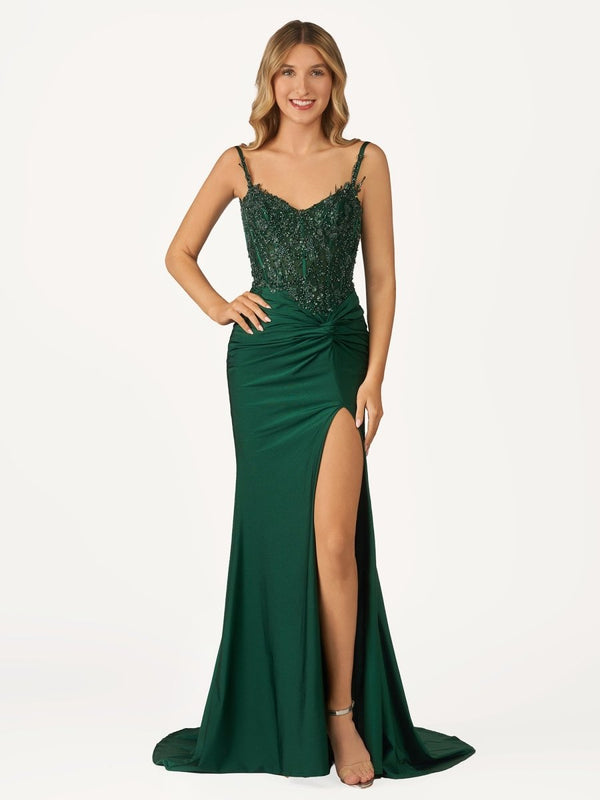 Green V Neck Beading Satin Long Slit Prom Dresses – Prom Dresses by KissProm | Available at KissProm